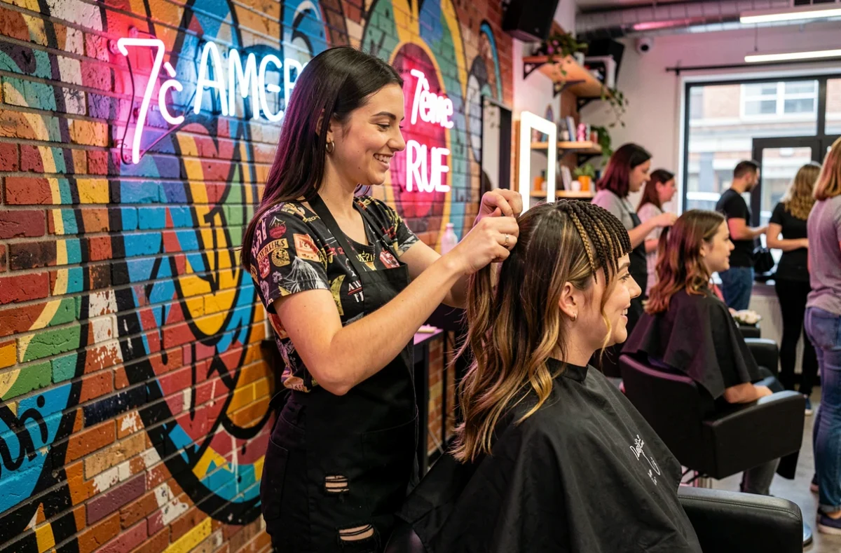 Coiffeuse du salon 7ème Rue à Angers finissant une coupe tendance sur une cliente