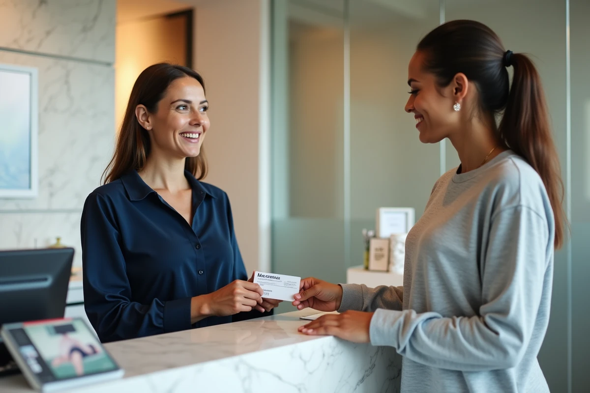 Réceptionniste d'un centre de massage sérieux remettant une carte de rendez-vous à une cliente satisfaite