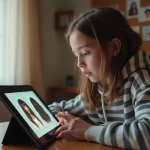 Adolescente utilisant un simulateur de coupe de cheveux sur tablette dans sa chambre