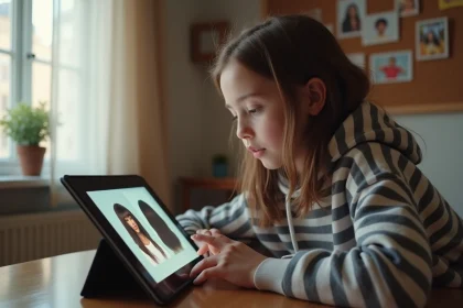 Adolescente utilisant un simulateur de coupe de cheveux sur tablette dans sa chambre