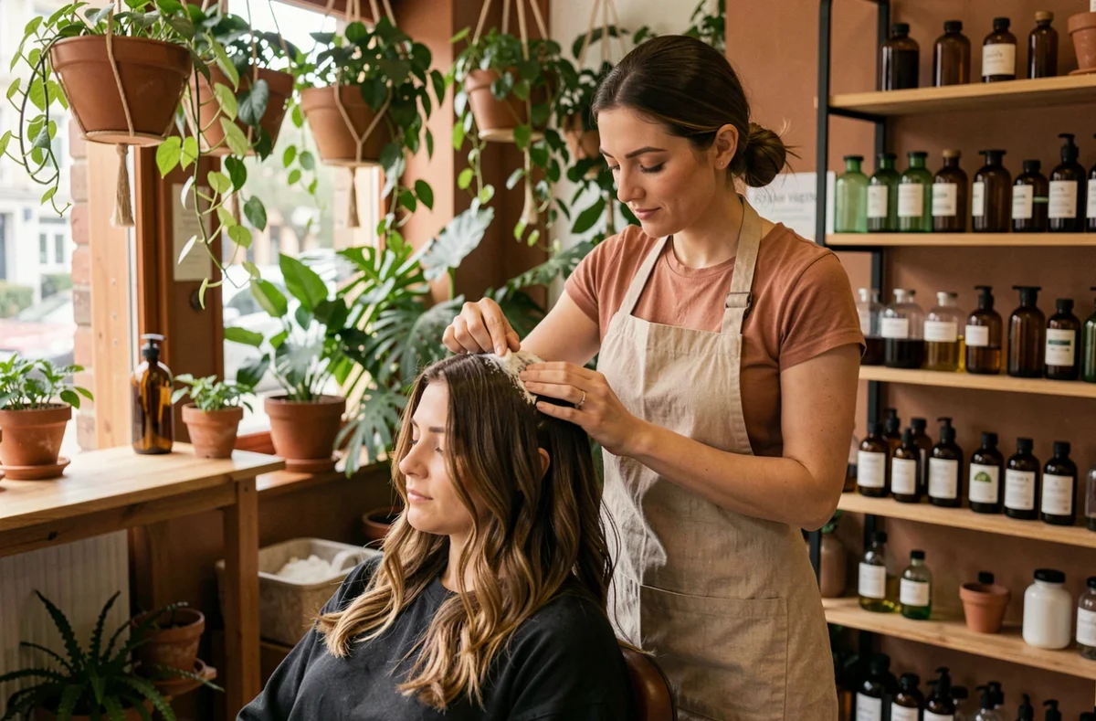 Coiffeuse de L'Air Végétal By A. Coiffure à Angers appliquant un soin botanique sur une cliente
