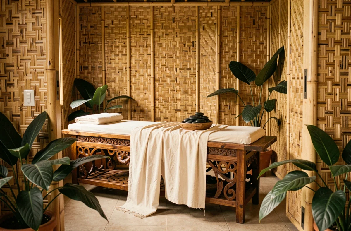 Espace de bien-être à décor polynésien avec table de massage drapée et pierres volcaniques dans un cadre exotique à Hyères