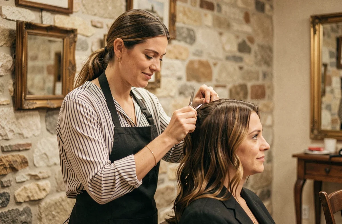 Coiffeuse stylisant les cheveux d'une cliente dans le salon Amélie'Tif à Draguignan