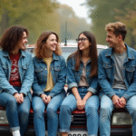 Groupe d'amis dans un parc des années 90 souriants