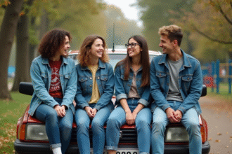 Groupe d'amis dans un parc des années 90 souriants