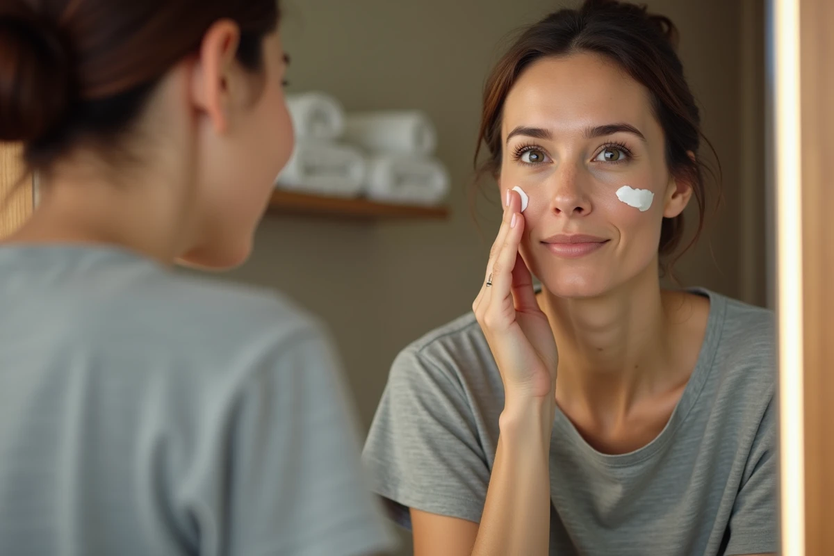 Femme appliquant une crème hydratante alternative moins chère à Filorga devant un miroir de coiffeuse