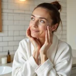 Femme appliquant une huile hydratante pour le visage dans une salle de bain avec carrelage blanc