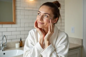 Femme appliquant une huile hydratante pour le visage dans une salle de bain avec carrelage blanc