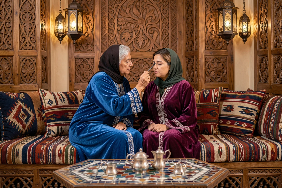 Deux femmes marocaines dans un salon traditionnel, l'une appliquant le khôl sur les yeux de l'autre entourées de coussins berbères et de lanternes