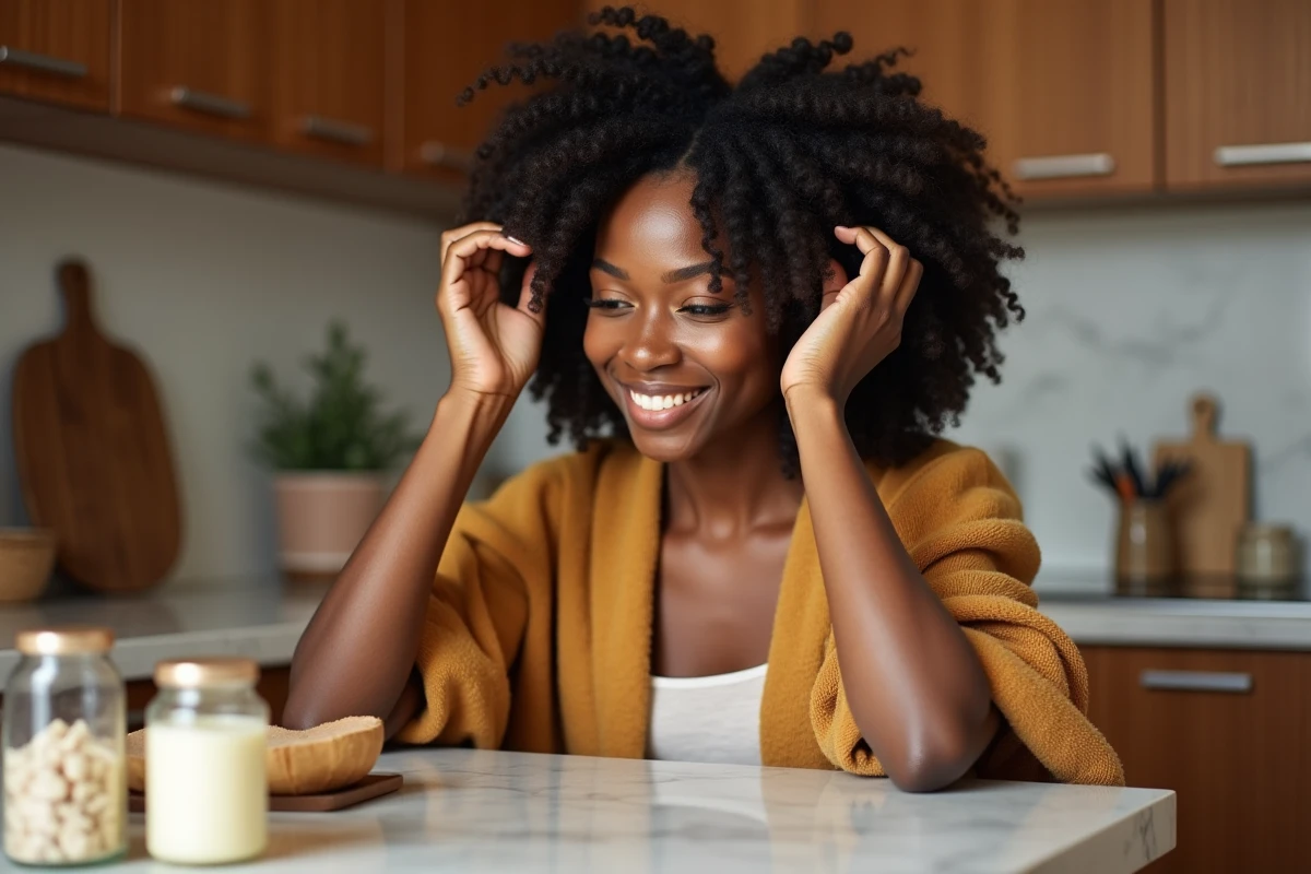 Femme appliquant un masque hydratant sur ses cheveux afro naturels en sections avant un rendez-vous de tressage