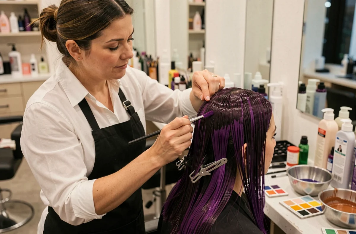 Coiffeuse professionnelle appliquant une coloration violine foncé avec un pinceau de teinture en salon