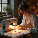 Créateur couture cousant à la main dans un atelier lumineux