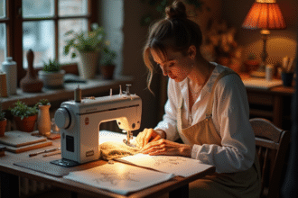 Créateur couture cousant à la main dans un atelier lumineux