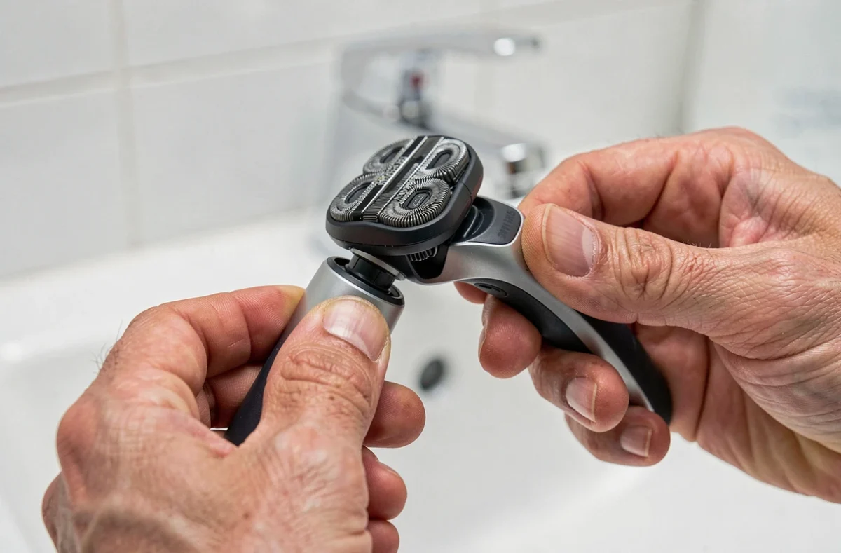 Gros plan sur l'assemblage d'une tête OneBlade 360 sur un manche Philips compatible au-dessus d'un lavabo
