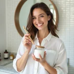 Femme souriante tenant du bicarbonate de soude et une brosse à dents en bambou dans une salle de bain moderne pour des dents blanches naturelles