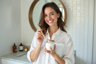 Femme souriante tenant du bicarbonate de soude et une brosse à dents en bambou dans une salle de bain moderne pour des dents blanches naturelles
