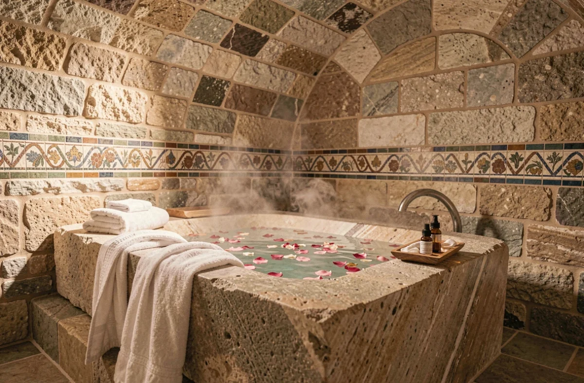 Bain privatif en pierre avec eau parfumée et pétales de roses dans un espace spa intimiste de style provençal à Toulon