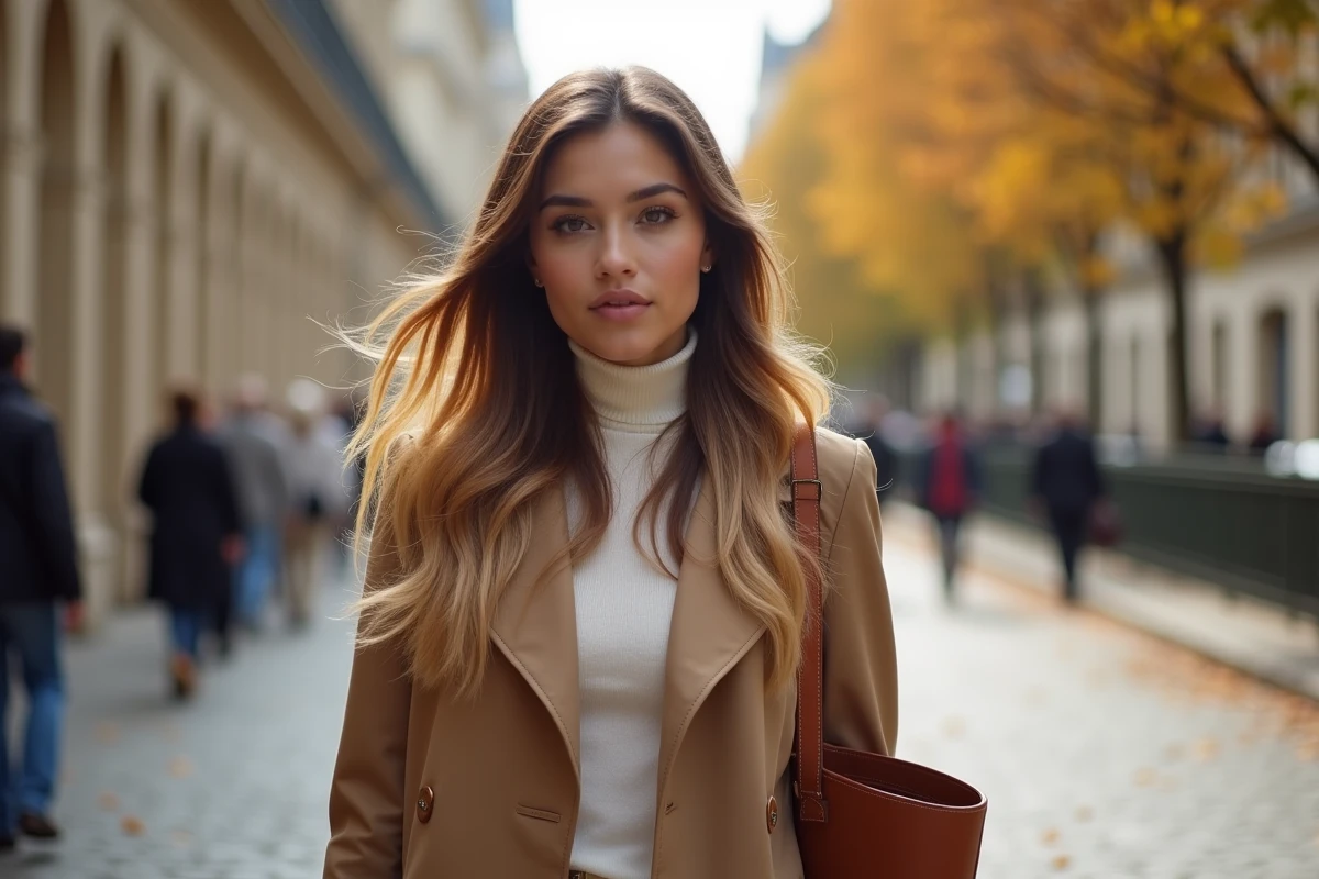Femme balayage californien mèche blonde et brune en extérieur dans une rue parisienne en automne