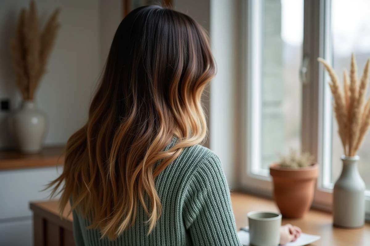 Vue de dos d'une femme aux cheveux balayage mèche blonde et brun dans un intérieur cosy nordique