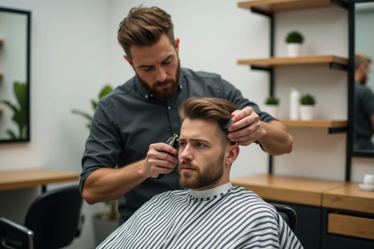 Barbier effectuant une coupe taper dégradée sur un client dans un salon moderne et élégant