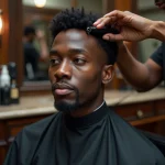 Barbier professionnel en train de tracer une ligne frontale nette sur une coiffure taper dans un salon de coiffure moderne