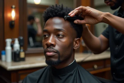 Barbier professionnel en train de tracer une ligne frontale nette sur une coiffure taper dans un salon de coiffure moderne