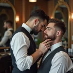 Jeune homme élégant en salon de Lille en train de se faire couper la barbe