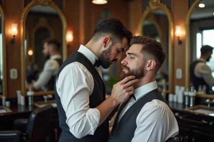 Jeune homme élégant en salon de Lille en train de se faire couper la barbe