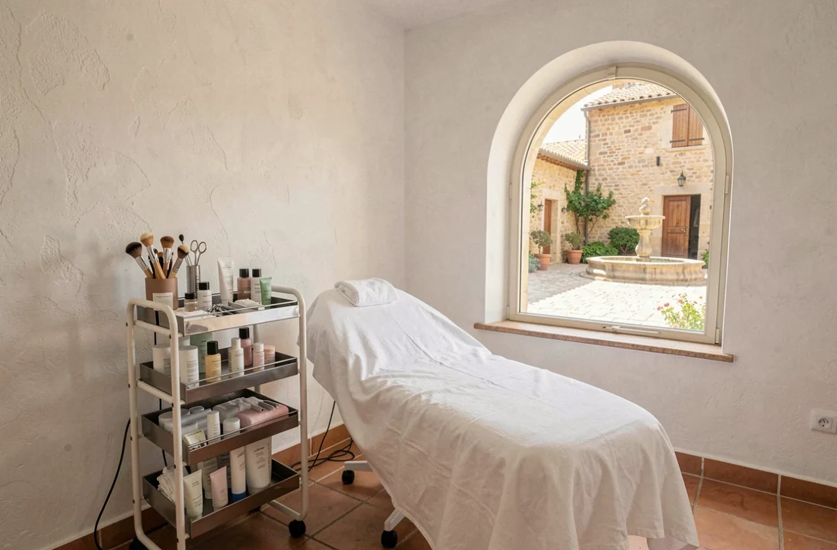 Salle de soin lumineuse avec carrelage provençal et vue sur une place de village ensoleillée dans l'institut Beauty Industry à Lorgues