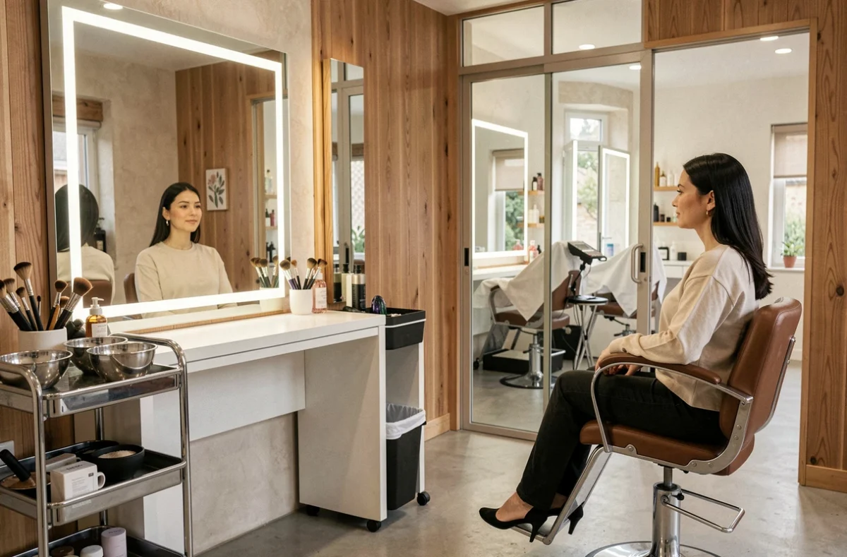 Intérieur de salon coiffure et institut de beauté Belezza avec station coiffure professionnelle et espace soin à Draguignan