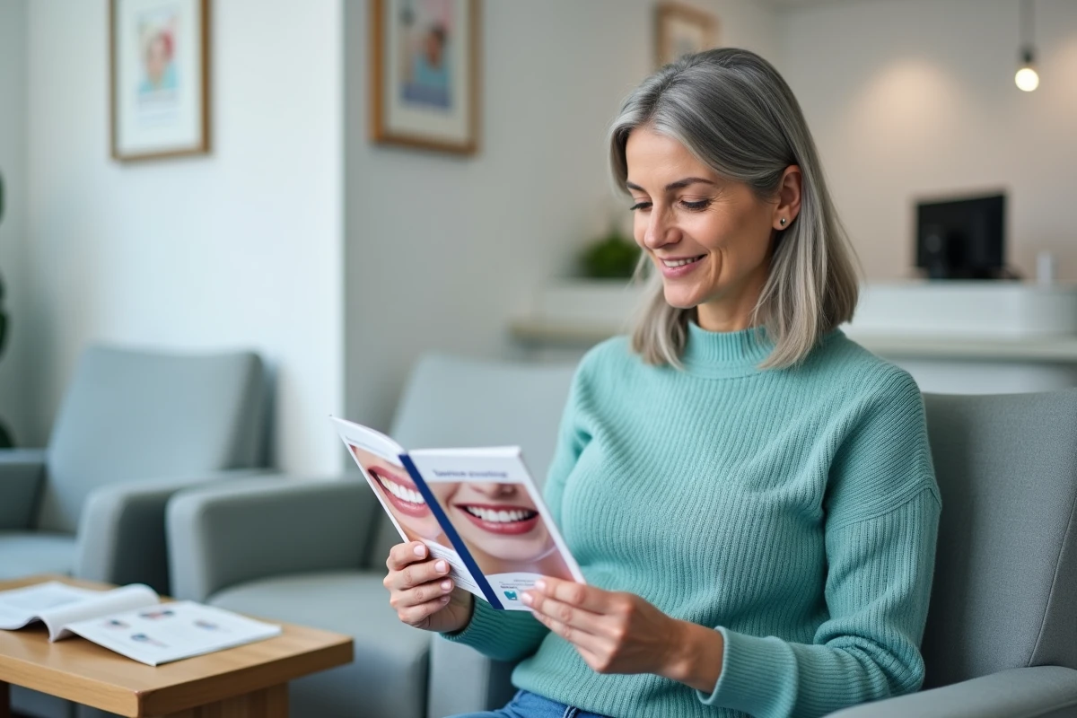 Femme lisant une brochure sur le blanchiment dentaire dans une salle d'attente de cabinet dentaire moderne