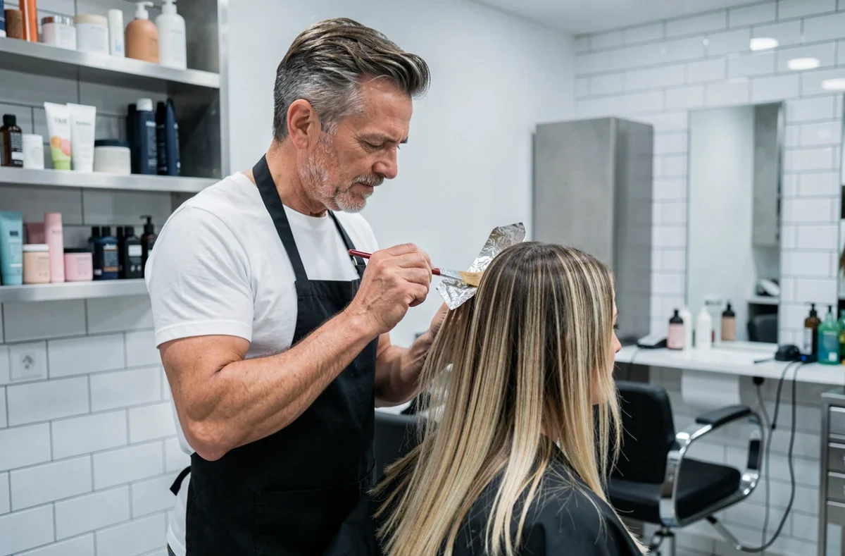 Coiffeur de B&M By Eric Stipa à Cholet appliquant un balayage sur une cliente