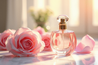 Bouteille de parfum élégante avec vaporisateur vintage sur marbre