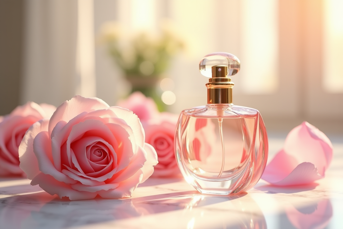 Bouteille de parfum élégante avec vaporisateur vintage sur marbre