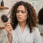 Femme aux cheveux bouclés tenant une brosse massante dans une salle de bain, examinant des mèches abîmées prises dans les poils de la brosse