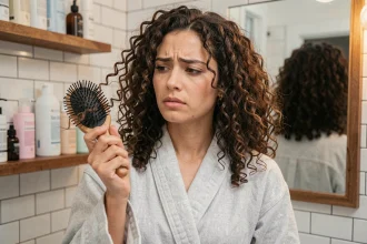 Femme aux cheveux bouclés tenant une brosse massante dans une salle de bain, examinant des mèches abîmées prises dans les poils de la brosse