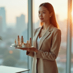 Femme d'affaires élégante présentant des cosmétiques innovants dans un bureau moderne