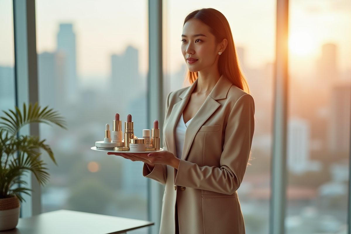 Femme d'affaires élégante présentant des cosmétiques innovants dans un bureau moderne