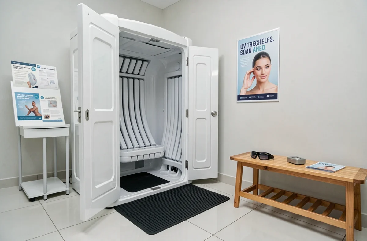 Cabine de bronzage UV entrouverte dans un institut moderne avec lunettes de protection et documentation pour les débutants