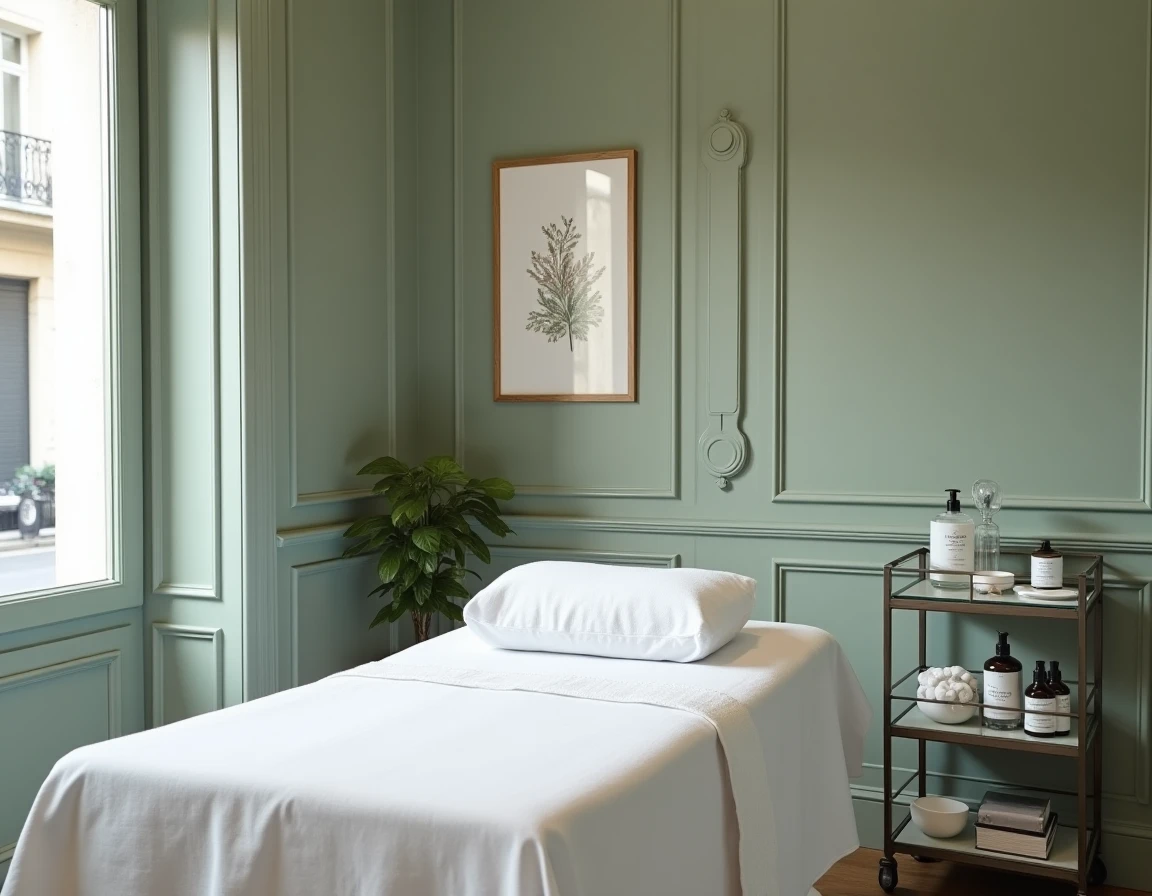 Cabine de soin vide et élégante d'un institut de beauté à Paris avec équipements esthétiques professionnels