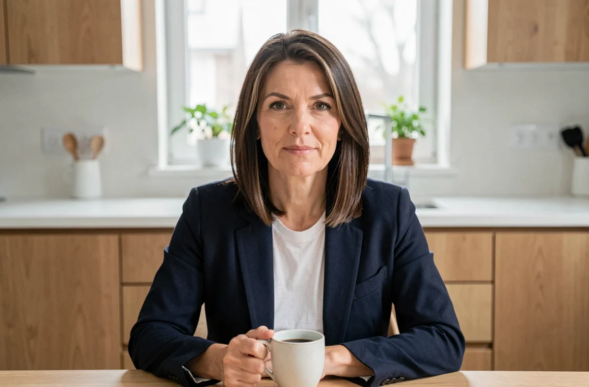 Femme d'une quarantaine d'années avec un carré mi-long soigné prenant son café dans une cuisine scandinave lors d'un matin de semaine
