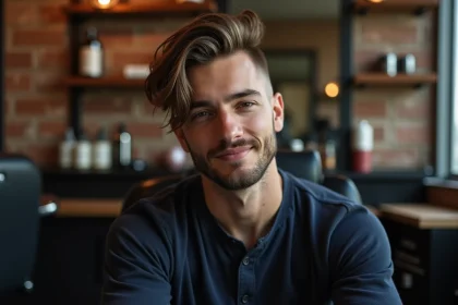 Homme aux cheveux longs avec dégradé bas assis dans un fauteuil de barbier moderne, style urbain contemporain