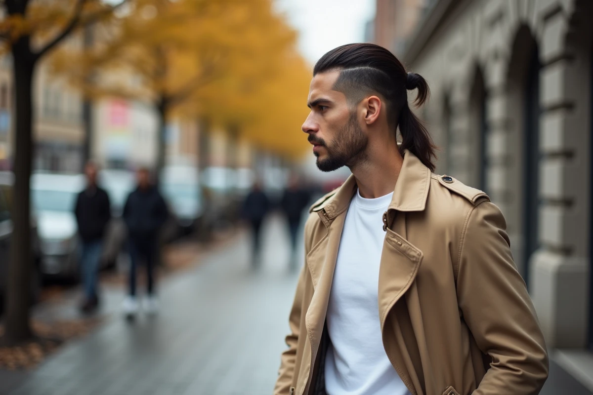 Homme avec dégradé bas et chignon décontracté en extérieur en automne, look masculin moderne et tendance