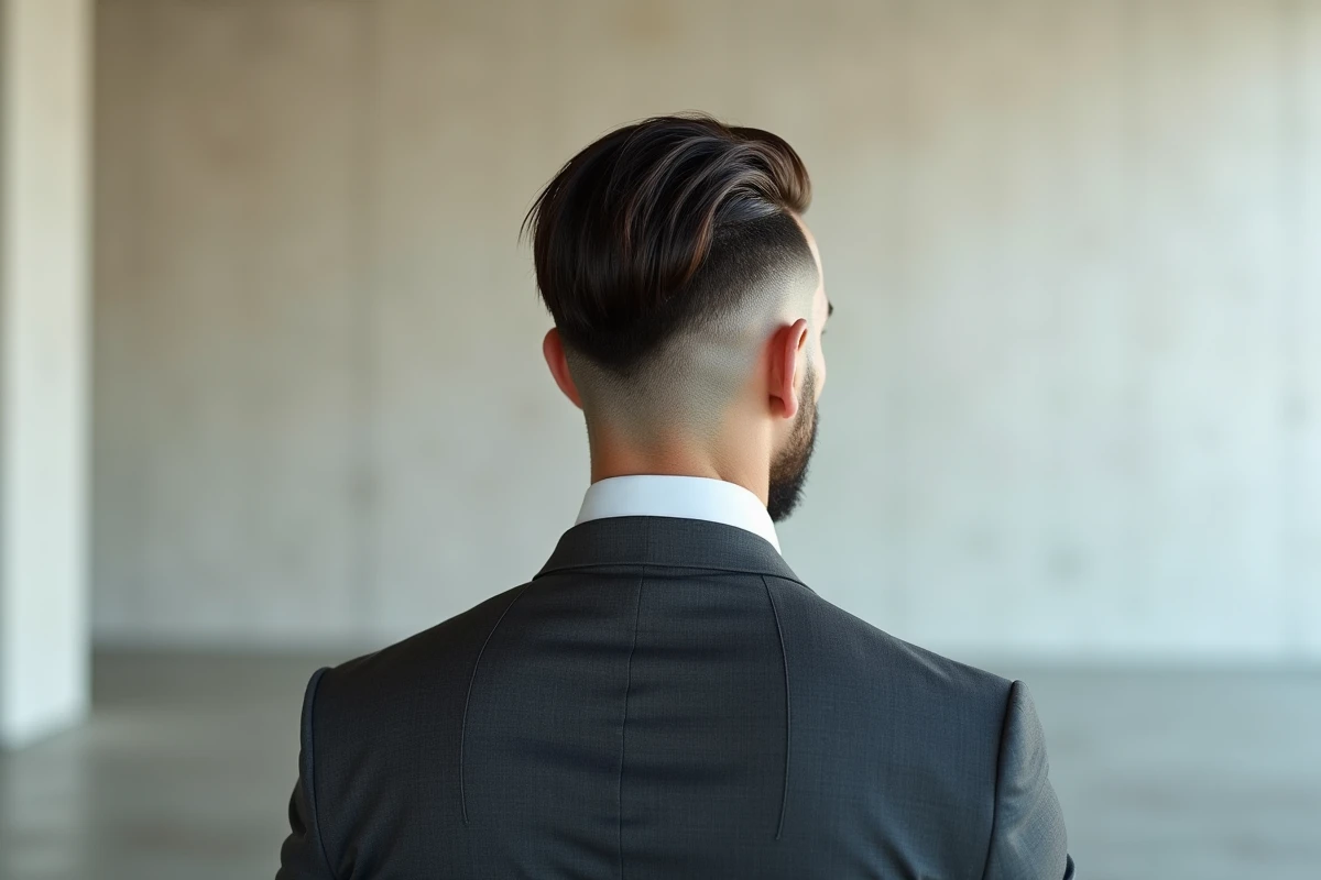 Vue de dos d'un homme avec un dégradé bas précis et cheveux longs sur le dessus, look élégant en veste grise