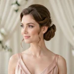 Demoiselle d'honneur avec un chignon années 20 orné de perles et d'ondes Marcel, portant une robe en satin rose poudré lors d'un mariage élégant