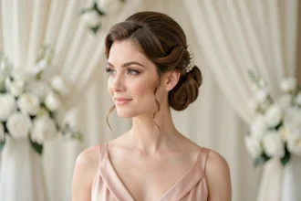 Demoiselle d'honneur avec un chignon années 20 orné de perles et d'ondes Marcel, portant une robe en satin rose poudré lors d'un mariage élégant