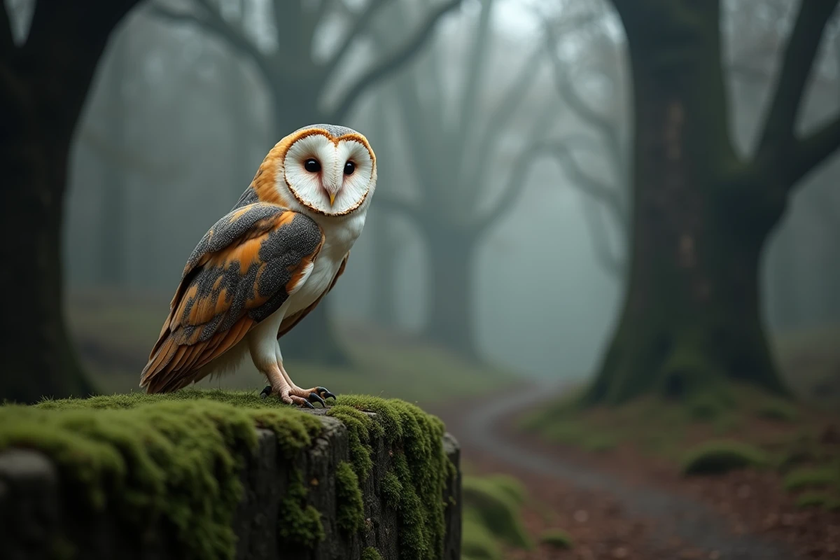 Chouette effraie perchée sur un mur de pierre moussu dans une forêt brumeuse au crépuscule, symbolisme du hibou tatouage