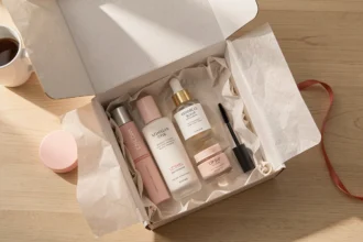 Coffret de soins et de maquillage doux ouvert sur un bureau
