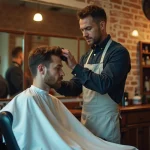 Coiffeur utilisant une tondeuse électrique pour réaliser une coupe taper sur un jeune homme dans un salon de coiffure traditionnel