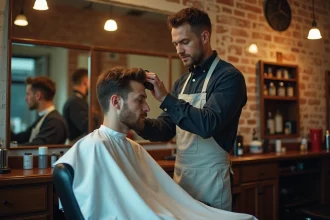 Coiffeur utilisant une tondeuse électrique pour réaliser une coupe taper sur un jeune homme dans un salon de coiffure traditionnel